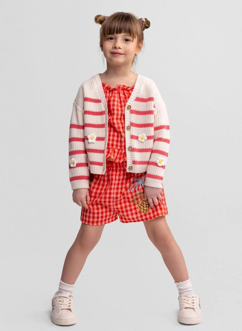 مينوتي Girls knitted cardigan coral white striped daisy embroidery 3 months to 7 years